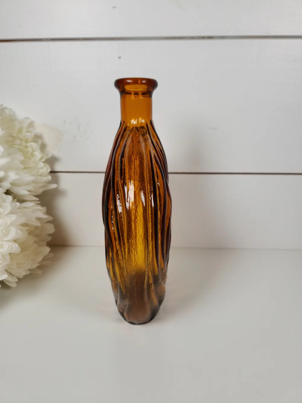 Vintage Amber Glass Textured Swirl Bottle | Mid Century Modern Art Vase | MCM